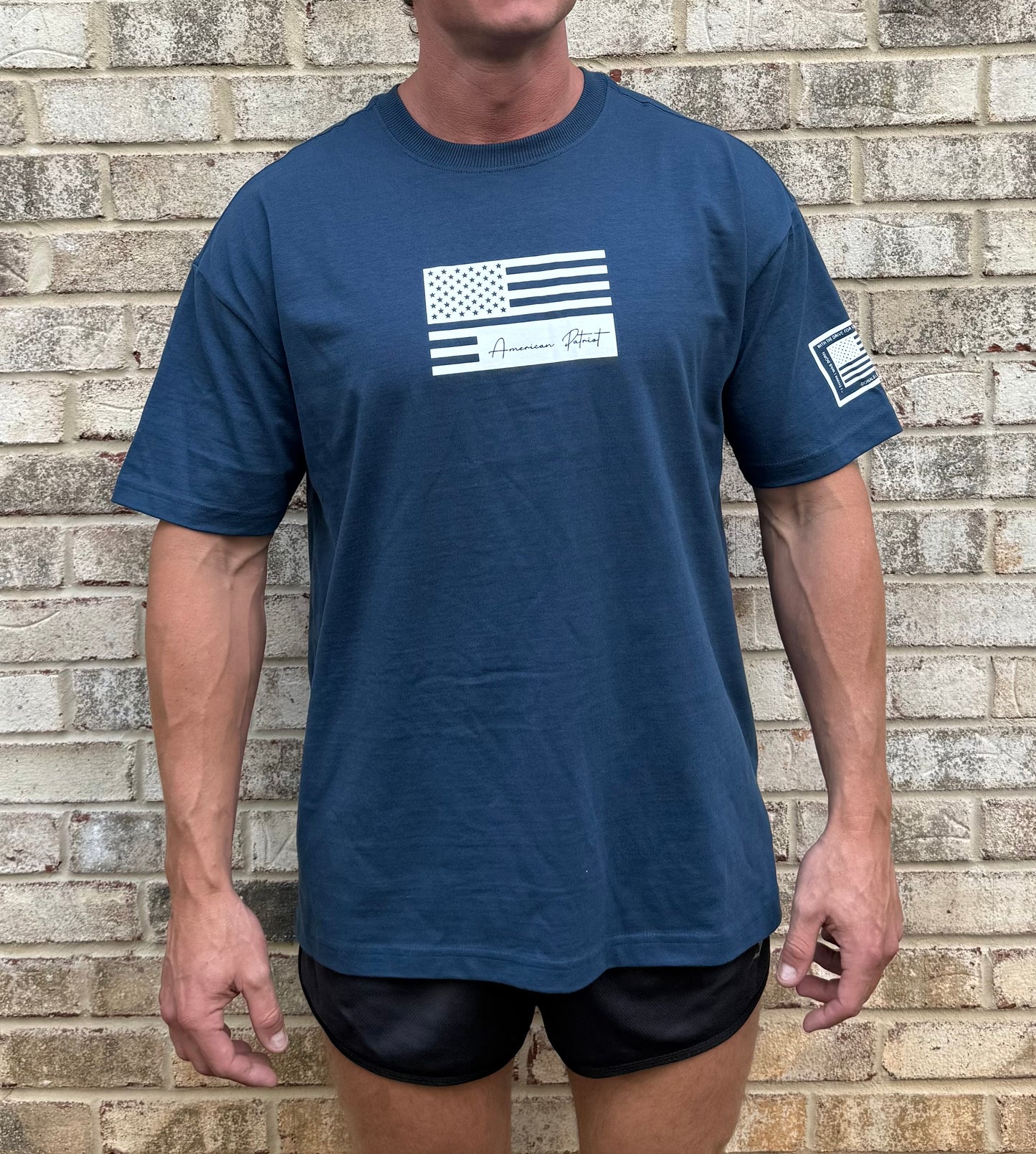 American Patriot Oversized Heavyweight T-Shirt – Blue Premium USA Flag Tee for Men | Sustainable, Laid-Back Fit