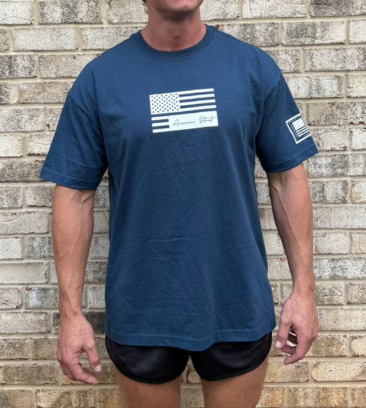American Patriot Oversized Heavyweight T-Shirt – Blue Premium USA Flag Tee for Men | Sustainable, Laid-Back Fit