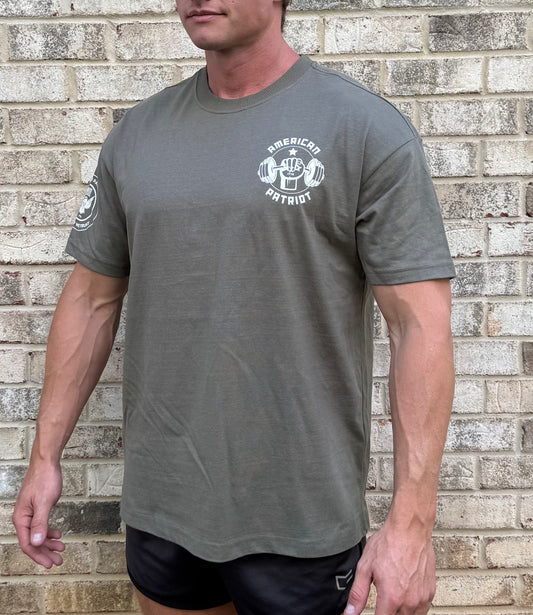 American Patriot Heavyweight Oversized T-Shirt – Military Green | Patriotic Gym Tee for Men | "In God We Trust" Eagle Sleeve Logo