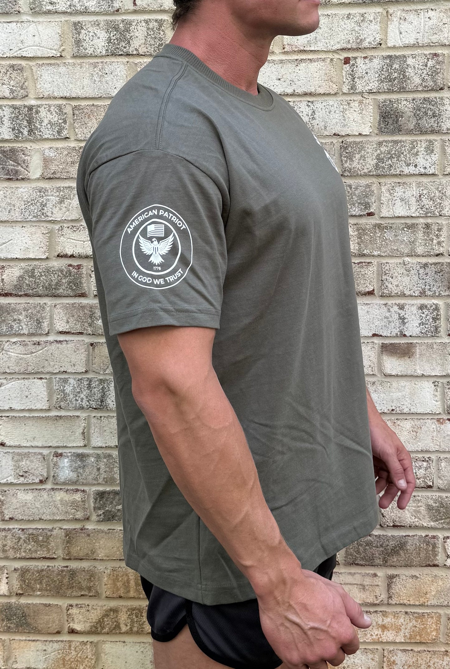 American Patriot Heavyweight Oversized T-Shirt – Military Green | Patriotic Gym Tee for Men | "In God We Trust" Eagle Sleeve Logo