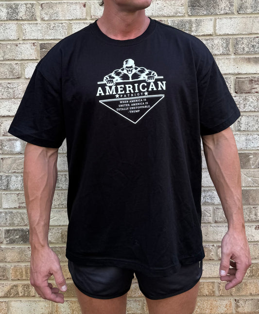 Unstoppable America Heavyweight Oversized T-Shirt – Black | Patriotic Gym Tee for Men | Bodybuilder Graphic with Donald Trump Quote